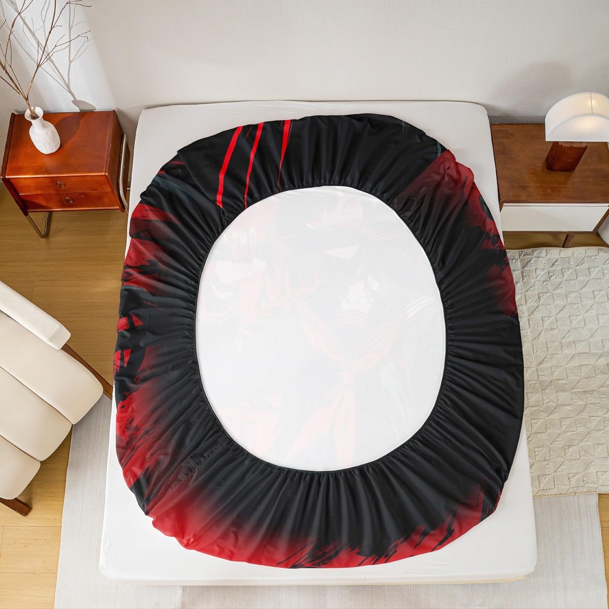 Erosebridal Japanese Anime Bedding Set for Kids, Anime Girl Fitted Sheet Queen Size Japanese Girl Bed Sheets for Girls Teens Adult, Kawaii Animation Red Black Sheets, Machine Washable