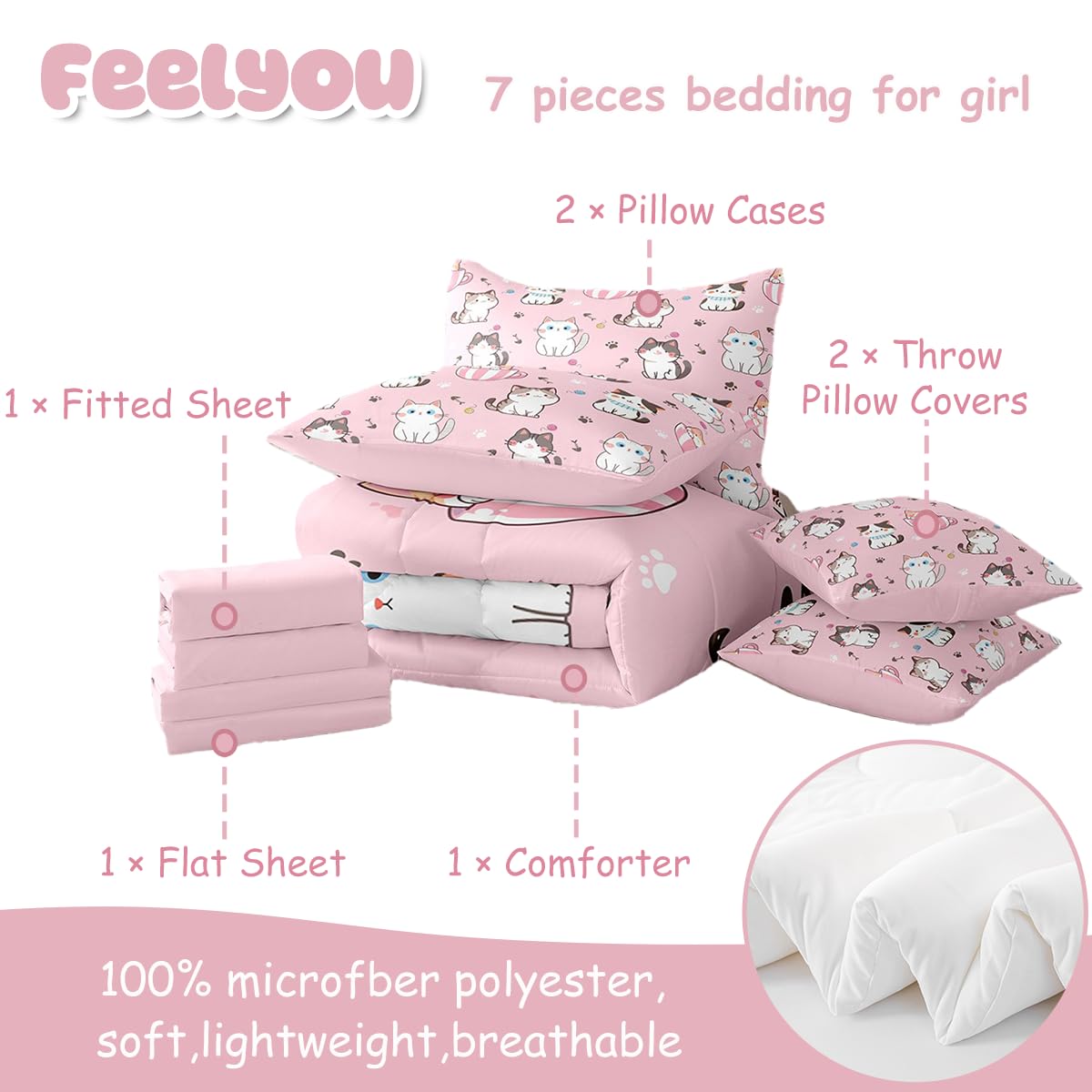Feelyou Toddler Cat Full Comforter Set with Sheets for Kids Boys Girls Cats Print Bed in a Bag Kawaii Cartoon 7 Pieces Bedding Set Room Decor Cute Kitten Bed Set Pink Animal Themed