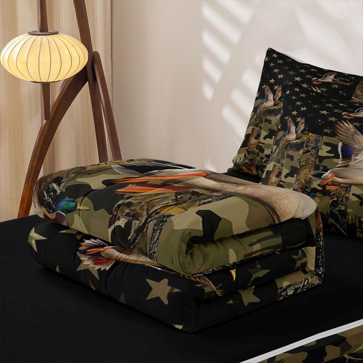 jejeloiu Mallard Duck Hunting Camo Zipper Bedding Sets for Kids Boys Girls Rustic Western Duck Twin Comforter Set with Fitted Sheet American Flag Bedroom Decor Microfiber with 2 Pillow Cases