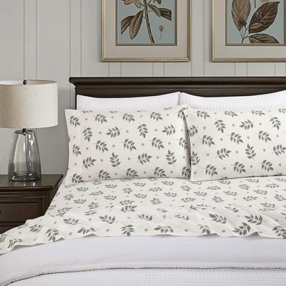 Flannel Sheets Queen Size Rich Cotton -High GSM Flannel Bed Sheet Deep Pockets - Warm & Cozy Flannel Sheet Set for All Seasons (Washy Leaf)