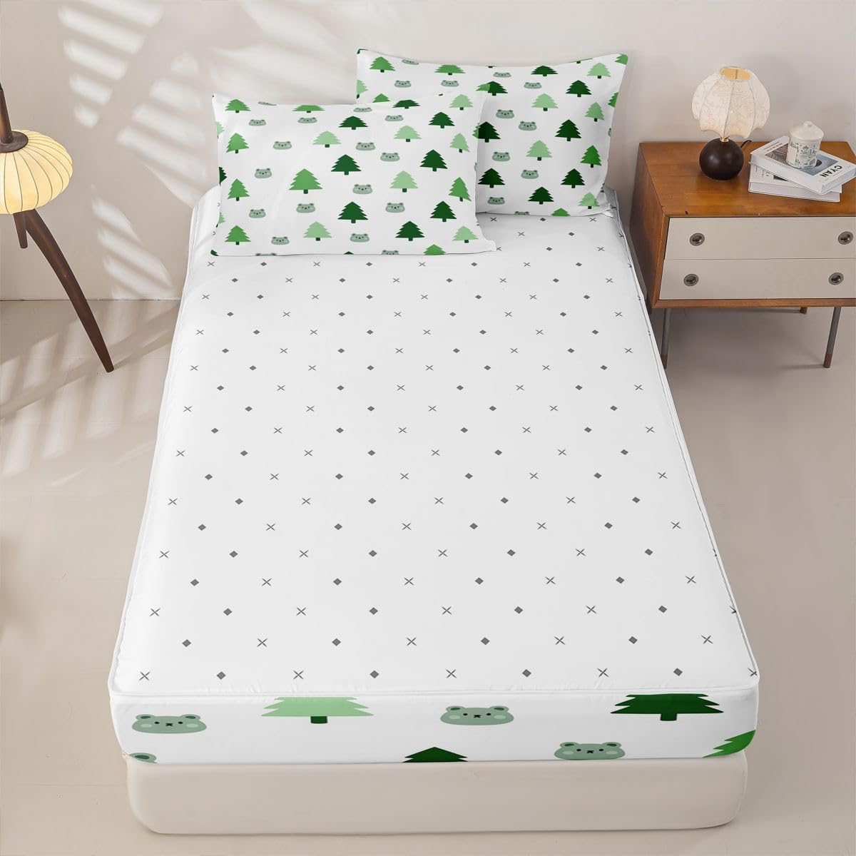 jejeloiu Cute Bear Zipper Bedding Cartton Tree Comforter Set for Kids Boys Girls Twin Size Green White Zippered Kids Bedding Set Ultra Soft Cute Wild Animal Bed in a Bag