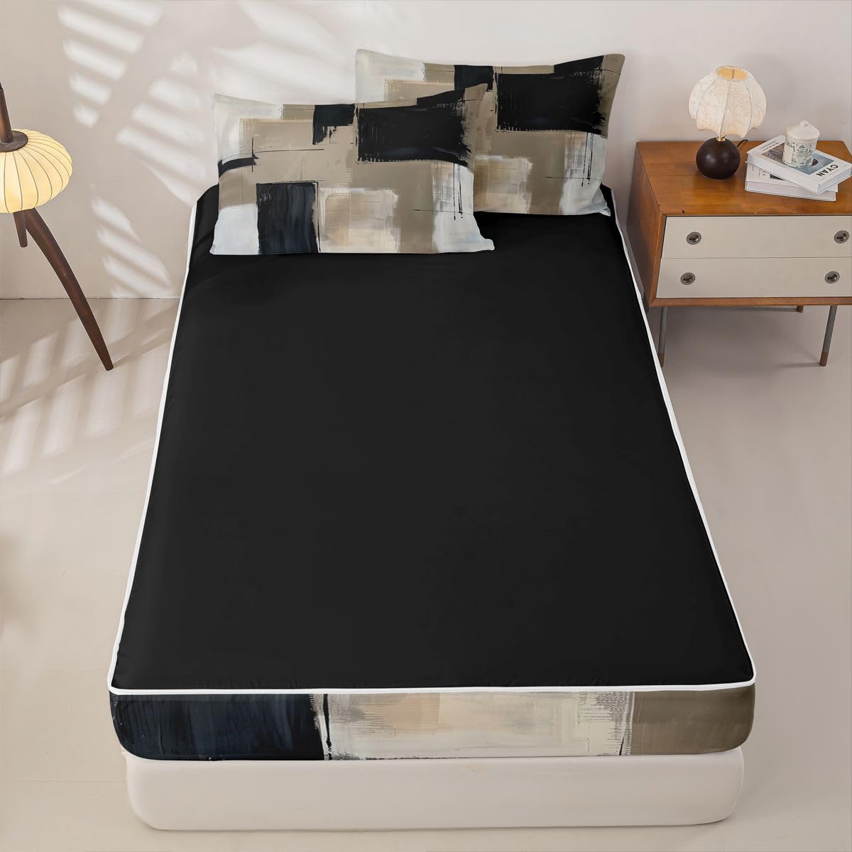 jejeloiu Abstract Twin Zipper Bedding Set Modern Art Kids Comforter Set with Fitted Sheet and 2 Pillowcases Black and Brown Bed in a Bag Zip Up Bedding Soft Microfiber