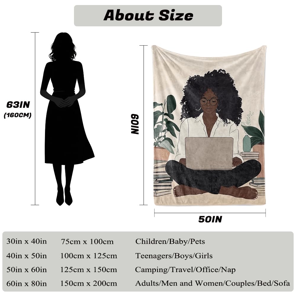 HUNXIAOJ African American Gifts for Women Black Girl Blanket Boho Print Blanket African American Decor Warm Soft Flannel for Girls Woman Teens Adults Bed Sofa Couch (50 in x 60 in)