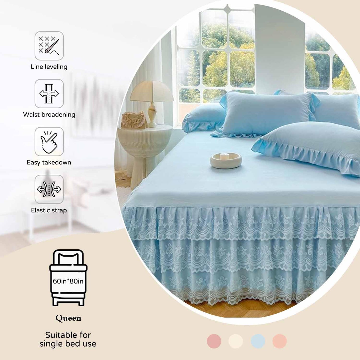 Three Layers Lace Bed Sheet Skirt for Queen Bed - 17in. Drop, Ruffle Bed Skirt Wrap Around Bed Skirt, Anti Wrinkle