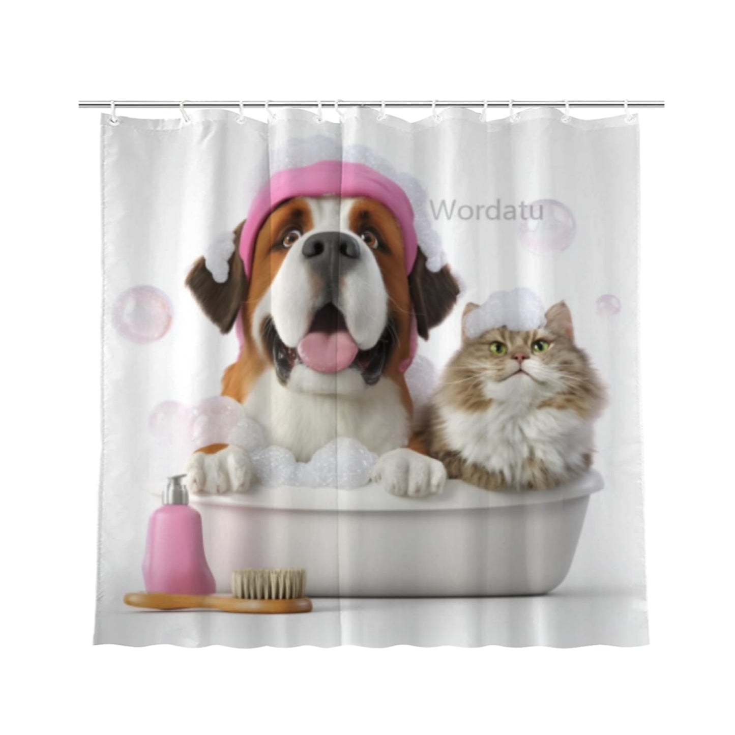 Wordatu Funny Saint-Bernard Shower Curtain Decor Fabric Bathroom Curtains, Kids Children Cartoon Waterproof 72x72 inch with 12 Hooks