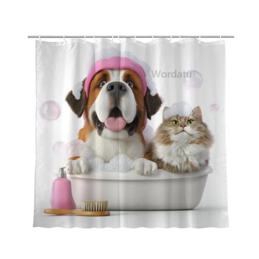 Wordatu Funny Saint-Bernard Shower Curtain Decor Fabric Bathroom Curtains, Kids Children Cartoon Waterproof 72x72 inch with 12 Hooks