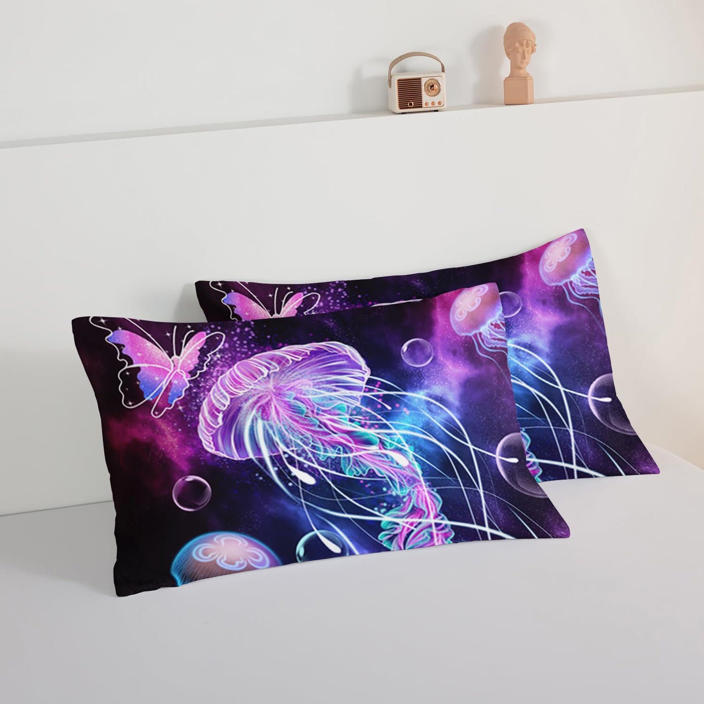 HOSIMA Jellyfish Printed Comforter Ocean Theme Bedding Set 3 Piece, Starry Sky Galaxy Bedding Room Decor Butterfly Comforter for Kids Teens Adult