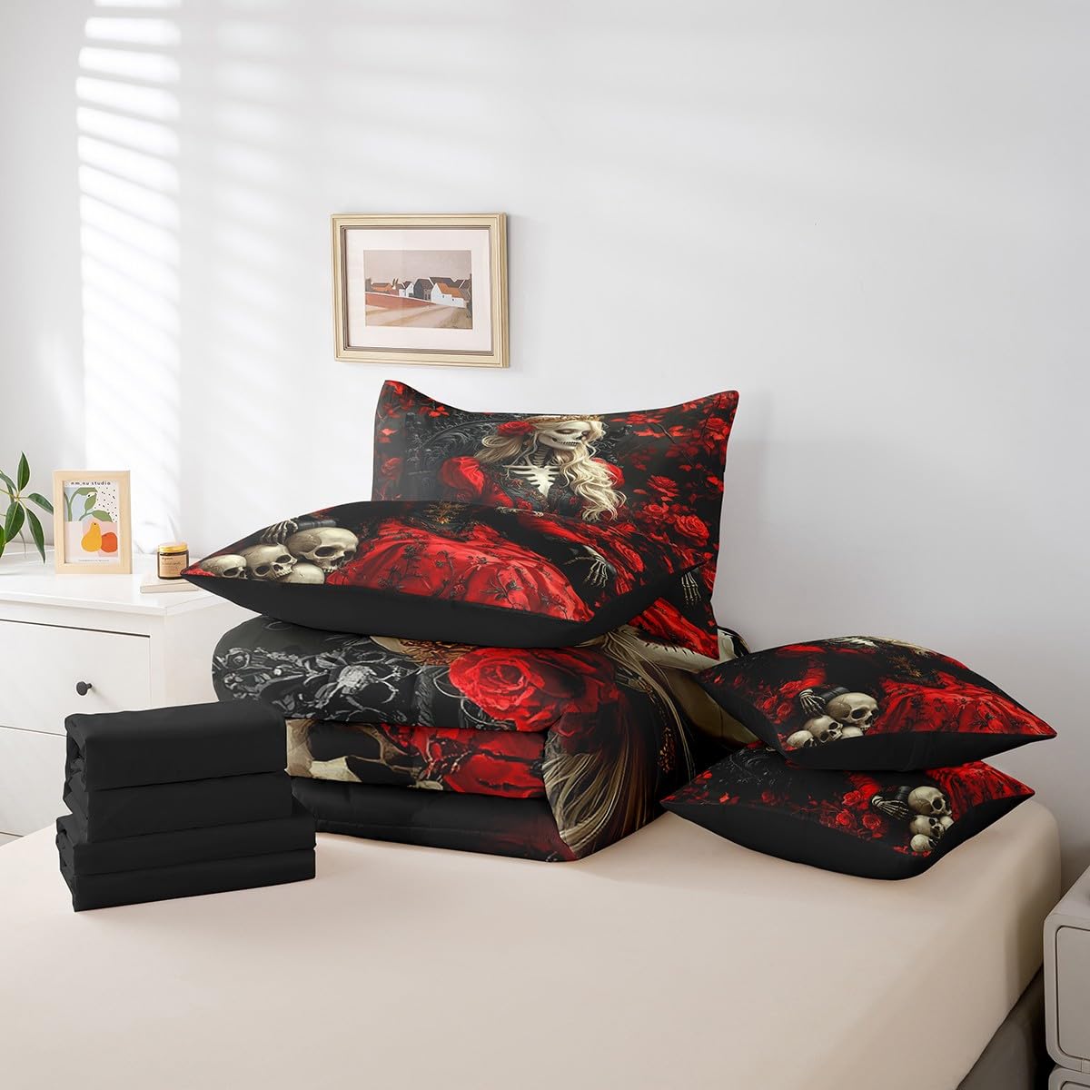 Erosebridal Queen Skull 7 Piece Bedding Set Romantic Skull Roses Full Comforter Set Gothic Skull Skeleton Bed in A Bag Skeleton Bones Flowers Sheet Set with Comforter for Kids Teen Adults