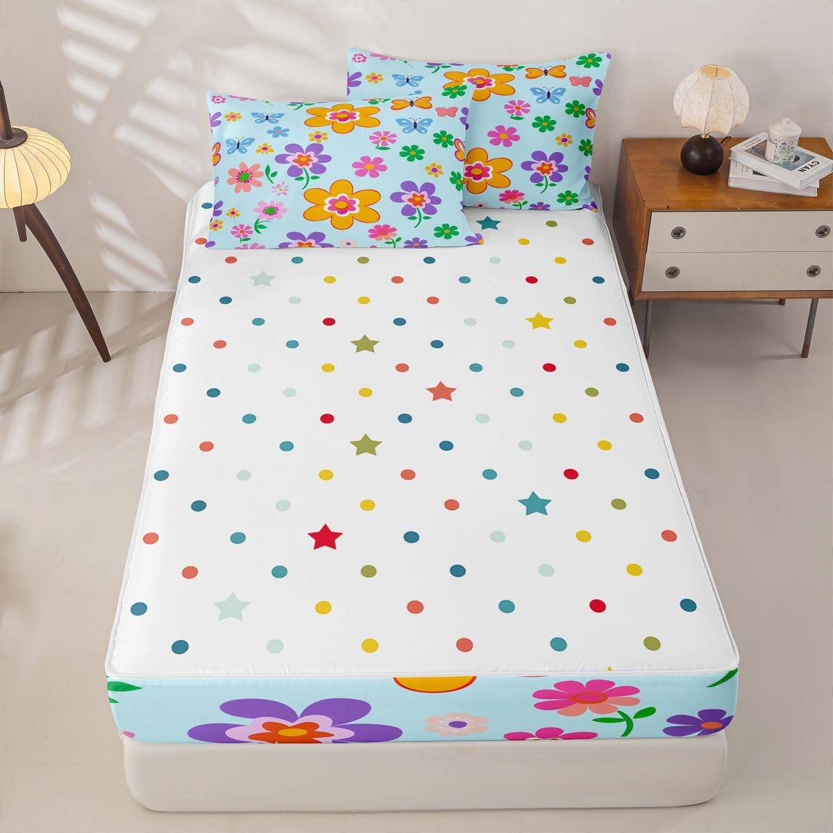 Feelyou Cartoon Cute Flower Zipper Bedding Queen Botanical Floral Bedding Sets for Kids Boys Girls Blue Aesthetic Flower Comforter Set with Fitted Sheet 2 Pillowcases One Zipper Bed Set