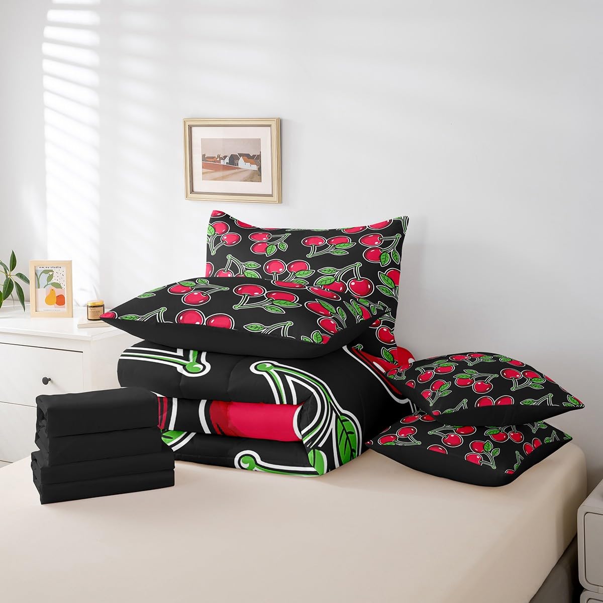 Erosebridal Cherry Comforter Set 7 Piece Bed in a Bag Twin,Kawaii Red Cherry Fruit Bedding Sets Novelty Tropical Food Comforter and Sheet Set,Botanical Leaf Green Plant Leaves Bed Set
