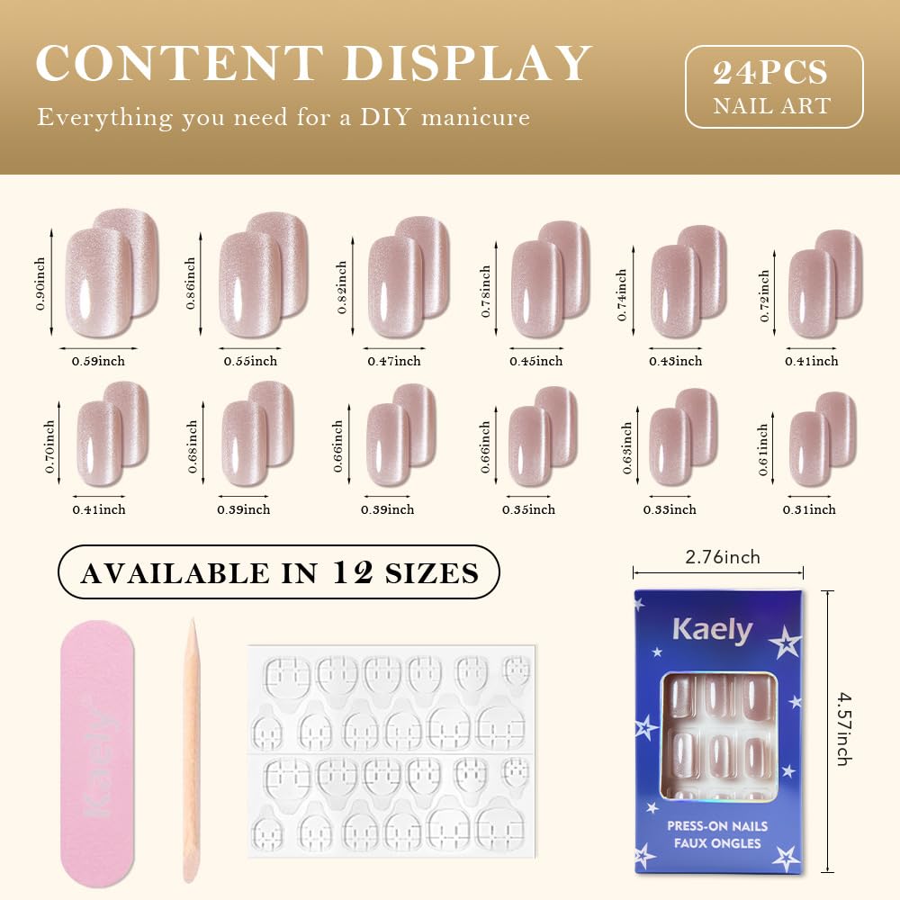 evpct Light Nude Cat Eye Press on Nails Medium Square No Glue, Medium Square Press Stick on Nails Chrome for Women, Nude Holographic Glitter Glossy Reusable Soft Acrylic Fake Nail with Cateye Design