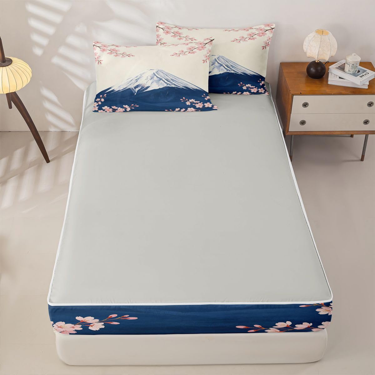 Feelyou Japanese Zipper Bedding Full Cherry Blossom Zipper Bedding Sets for Kids Boys Girls Mount Fuji Japan Comforter Set with Fitted Sheet and 2 Pillowcases Bedroom Decor