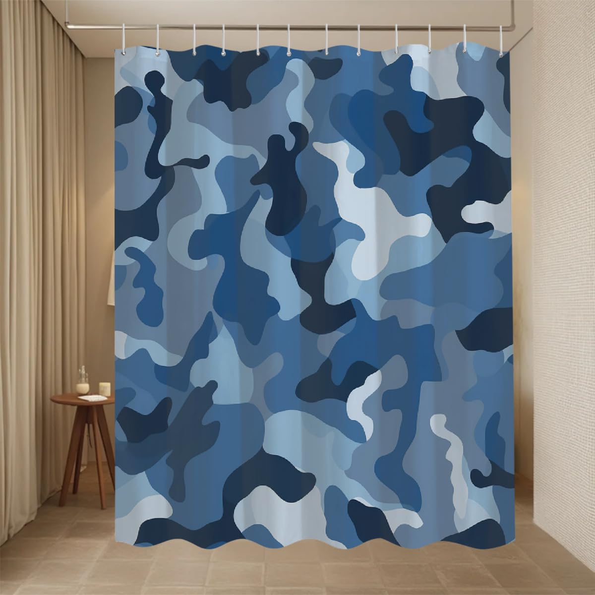 Ivolege Shower Curtain with Hooks, Classic Blue Camo Print Shower Curtain