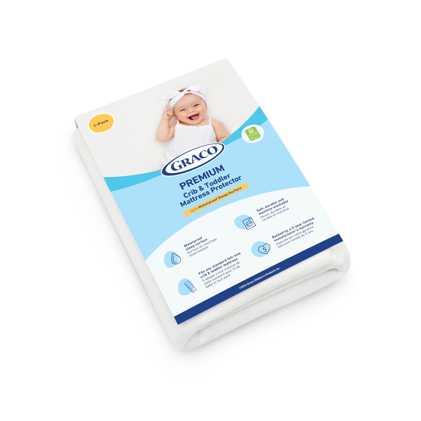 Graco Premium Waterproof Crib and Toddler Mattress Protector (1 Pack) – GREENGUARD Gold Certified, Machine-Washable & Dryer-Friendly, Waterproof Sleep Surface, Fits Baby Crib & Toddler Bed Mattress