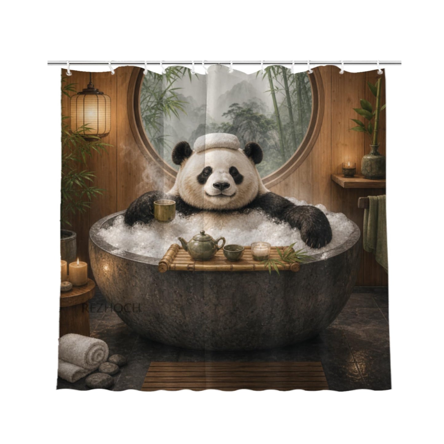 REZHOCH Funny Panda Shower Curtain 72x72 Inch Bamboo Spa Bubble Bath Teapot Candle Zen Bathroom Cute Animal Decor Bath Set with Hooks