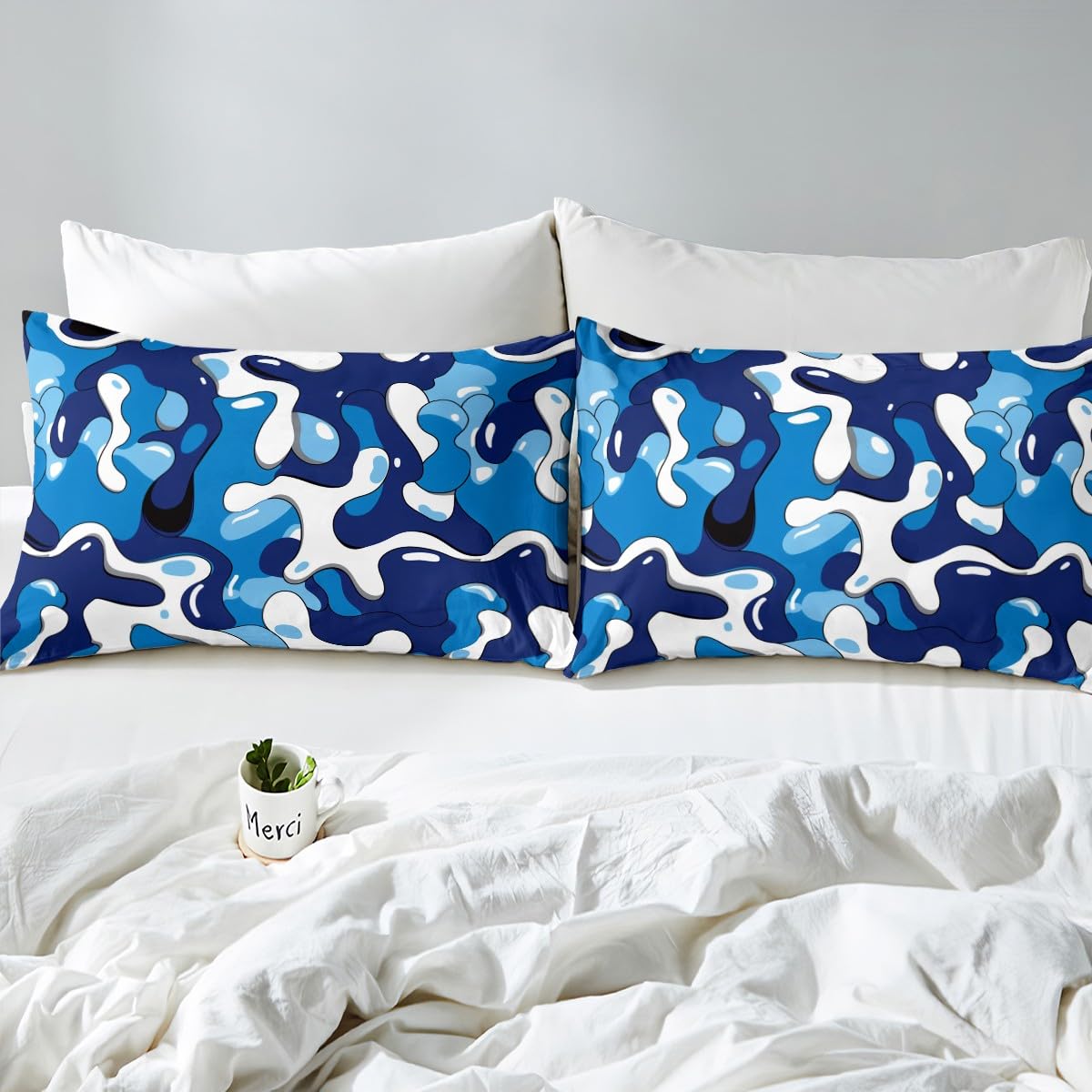 jejeloiu Camo Fitted Sheet with 1 Pillowcase Twin Size Military Style Bed Sheets Set 16" Deep Pocket Boys Girls Blue Bedding Camouflage Teens Bedroom Decor Breathable Lightweight Microfiber