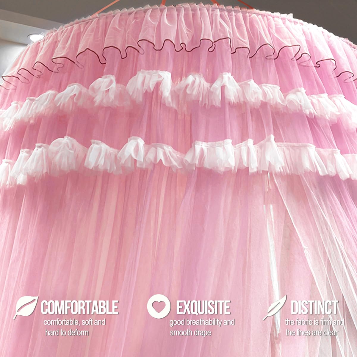Kertnic Dreamy Bed Canopy for Girls, Princess Canopy Curtains Double Layer Sheer Mesh, Adults Canopies Netting Room Decor Tent Mosquito Net for Queen King Bed (Double Layer-Peach Pink)