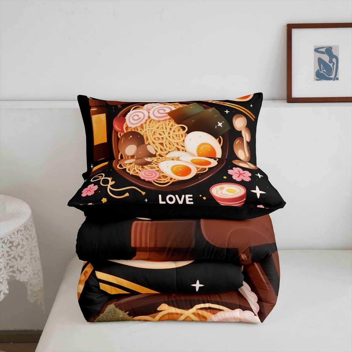 Erosebridal Ramen Noodle Queen Bedding Set,Japanese Style Comforter Set Ramen Gifts for Kids Teen Girls Boys,Pink Cherry Blossom Quilt Bed Set Anime Theme Bed Comforter Sets 3Pcs Bedroom Decor