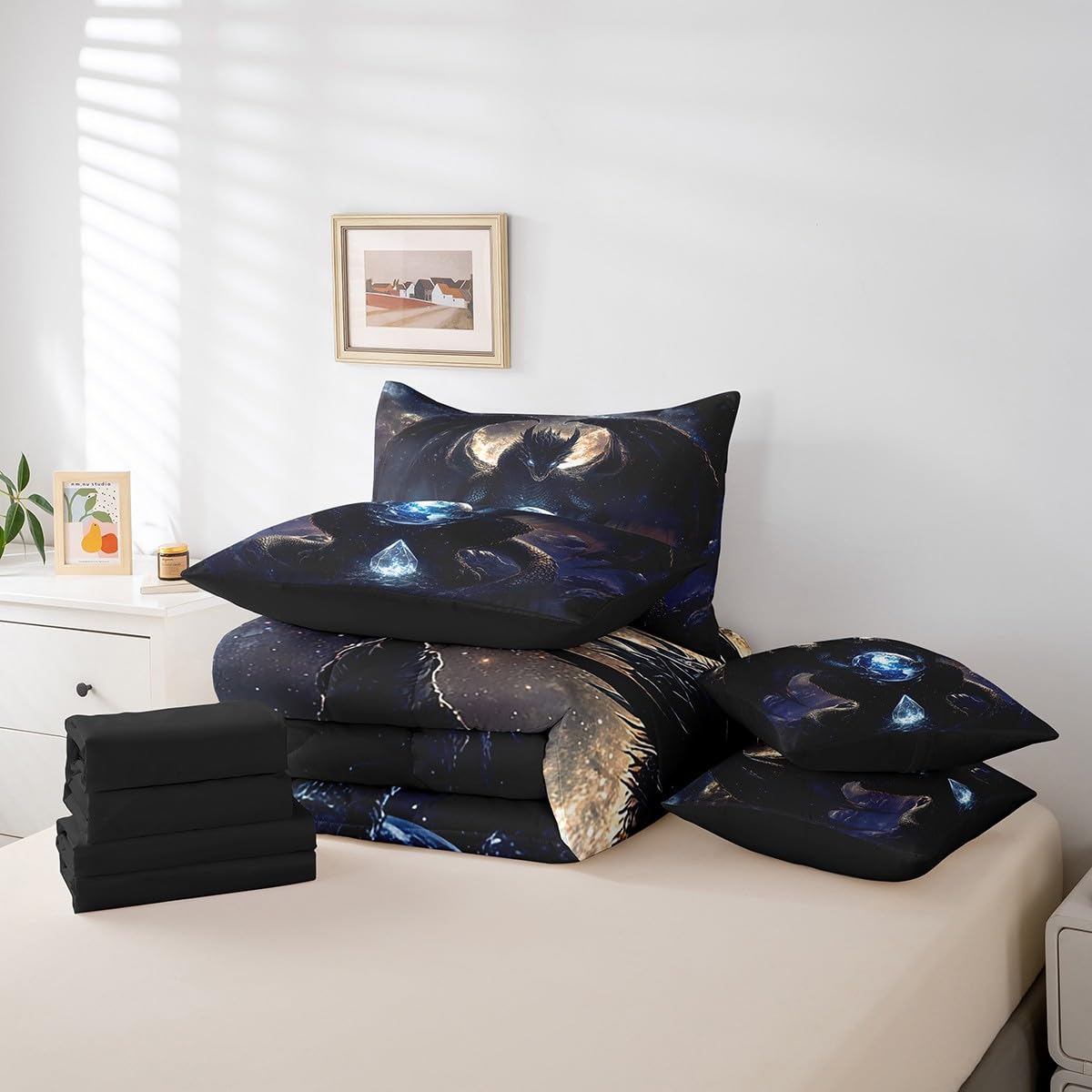 Feelyou Dragon Comforter Set with Sheets Twin Size Dragon Stuff Bed in a Bag for Boys Girls Teens Wild Life 7 Pieces Bedding Set Dragon Decor Bed Set Room Decor Black