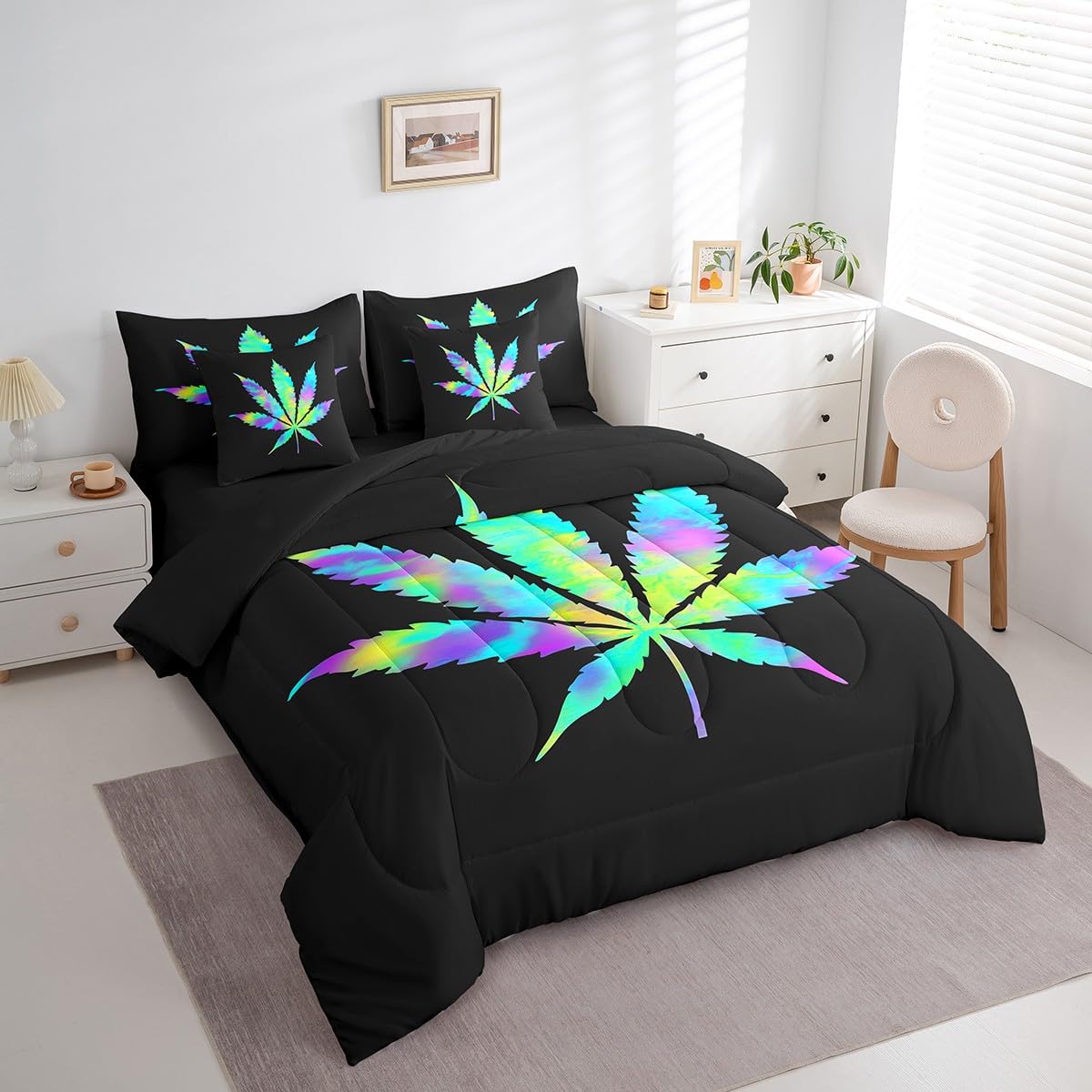 Erosebridal Leaves Full Size Bed Sheets and Comforter Set,Leaf 7 Piece Bedding Set Rainbow Botanical Bed in a Bag, Artwork Plant Bed Sets