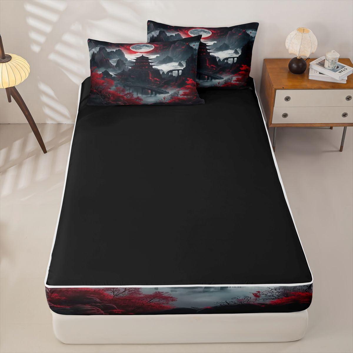 Erosebridal Japanese Anime Zipper Bedding Moon Cherry Blossom Twin Bed in a Bag Set for Boys Girls Teen Vintage Nature Mountain Kids Comforter Set with Fitted Sheet Red Black Zip Up Bedding