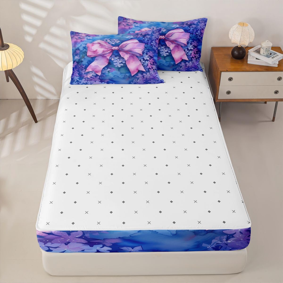 Feelyou Blue Flower Zipper Bedding Purple Bow Comforter Set for Kids Boys Girls Queen Size Cute Ribbon Zippered Kids Bedding Set Ultra Soft Dreamy Princess Style Bed in a Bag