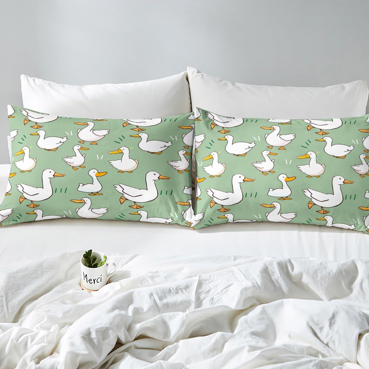 Cartoon Duck Duvet Cover Set Full Size,Cute Farmhouse Livestock Animal Comforter Cover with 2 Pillowcases,Lovely Green Natural Themed Bedding Set for Girls Teens Present, Soft Microfiber