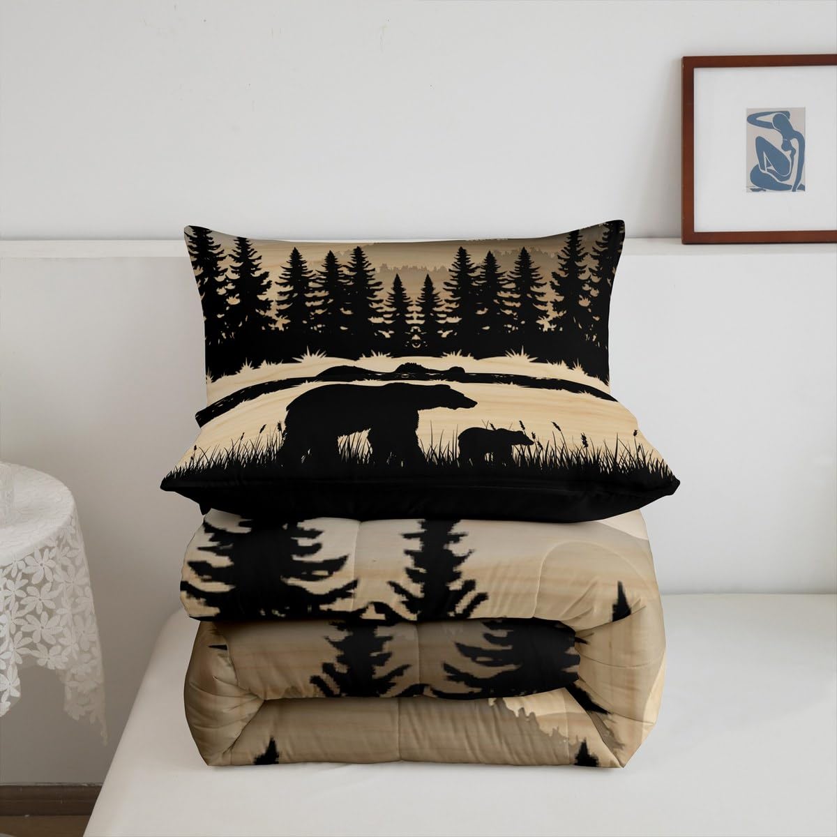 Erosebridal Rustic Cabin Full Comforter Set Farmhouse Bear Bedding Set Hunting Woodland Animal Down Comforter for Kids Adults,Pine Tree Wildlife Quilt Duvet Lodge Bedroom Decor 3 Pcs