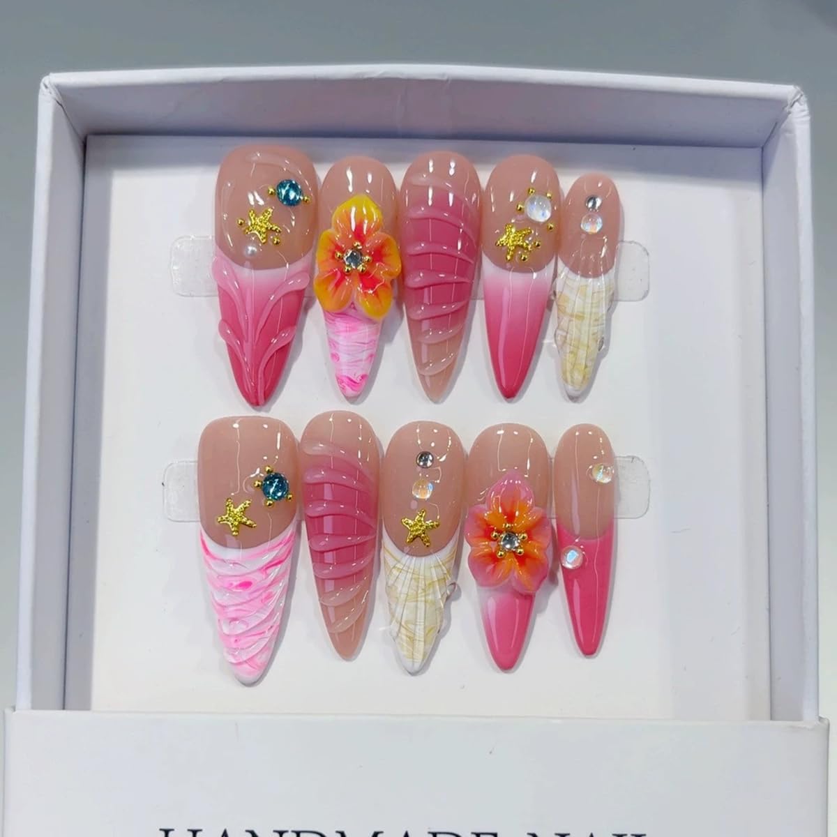 Handmade Press on Nails Pink French Tip Fake Nails Long Stiletto False Nails with 3D Flower Beach Designs Sparkly Rhinestones Charm luxury Artificial Nails for Women (Size M）10pcs