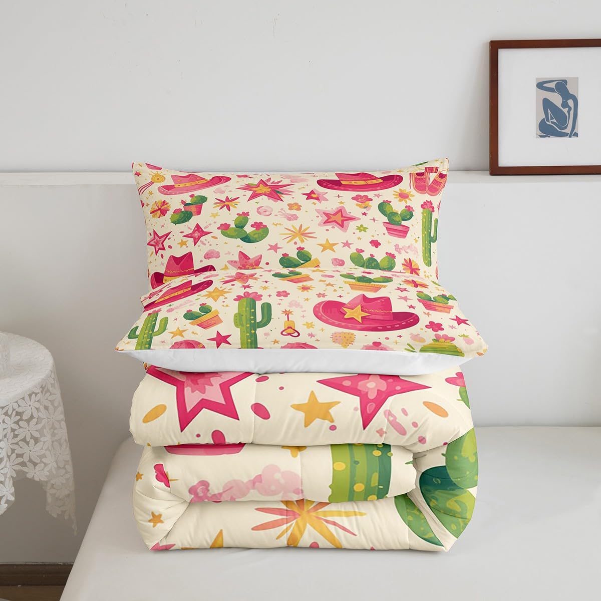 jejeloiu Girls Pink Western Decor Comforter Set Wild West Cowgirl Hat Boots Bedding Set Full Size for Kids Boys Teens Rodeo Cowgirl Style Comforter Grunge Design Duvet Set with 2 Pillow Case