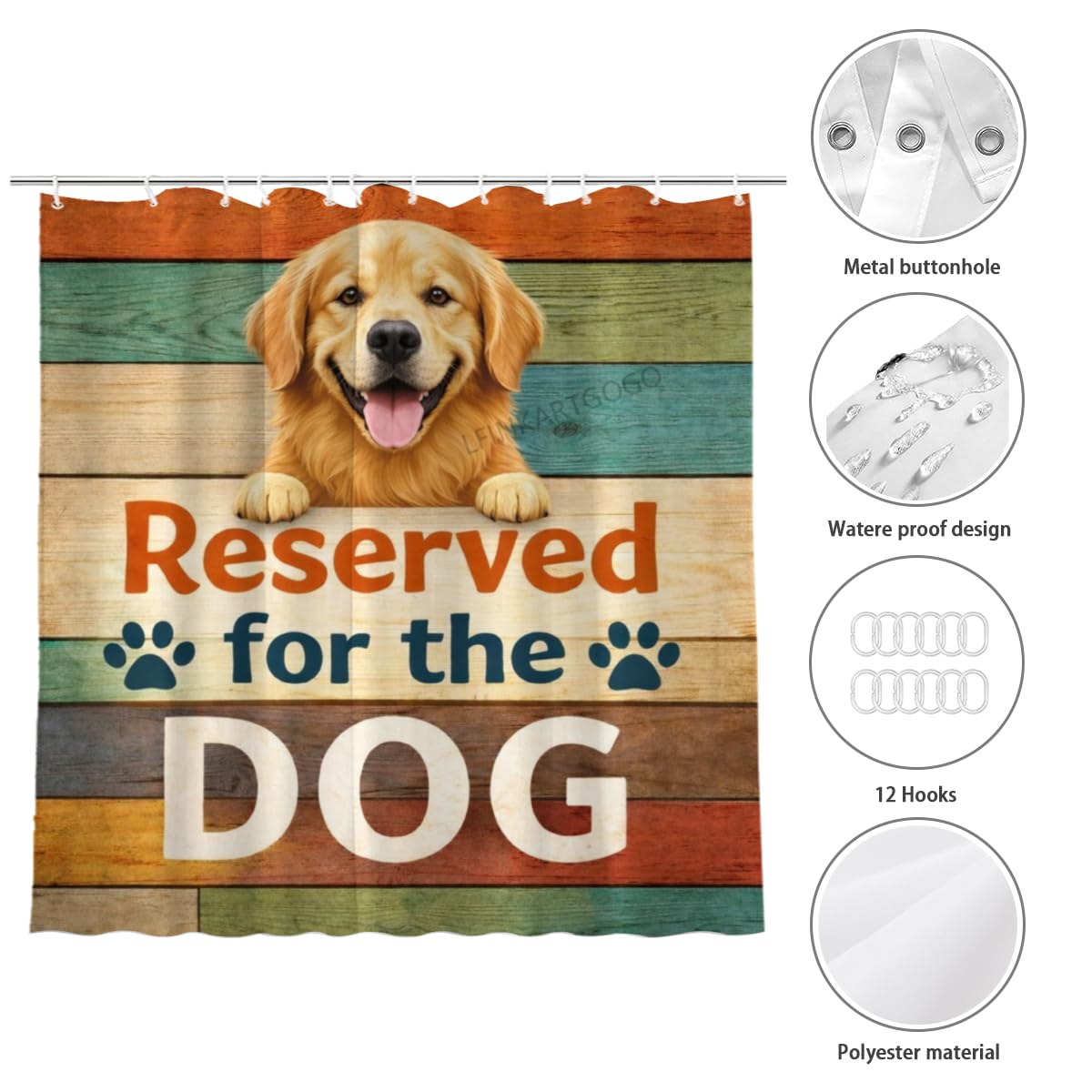 LFINKARTGOGO Funny Golden Retriever Shower Curtain 72x72 Inch with 12 Hooks Dog Lover Bathroom Decor Reserved for the Dog Rustic Wood Waterproof Washable Polyester