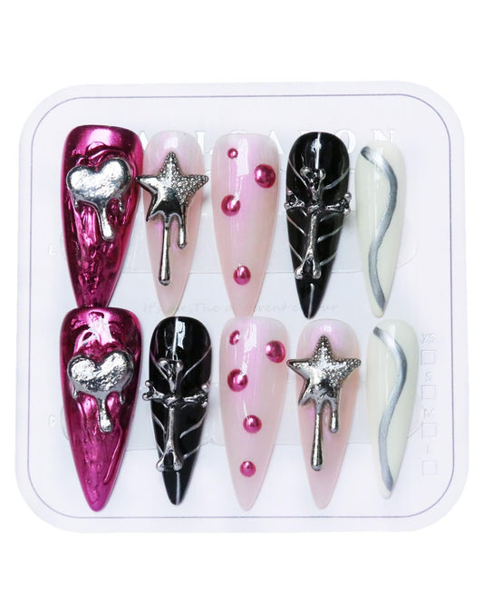 CAMILCY Luxury Handmade Press on Nails Long Stiletto Pink Black Red Y2K Nails with 3D Star Heart Charms Glossy Acrylic Fake Nails Reusable Full Cover False Nails for Women 10pcs (A041, M)