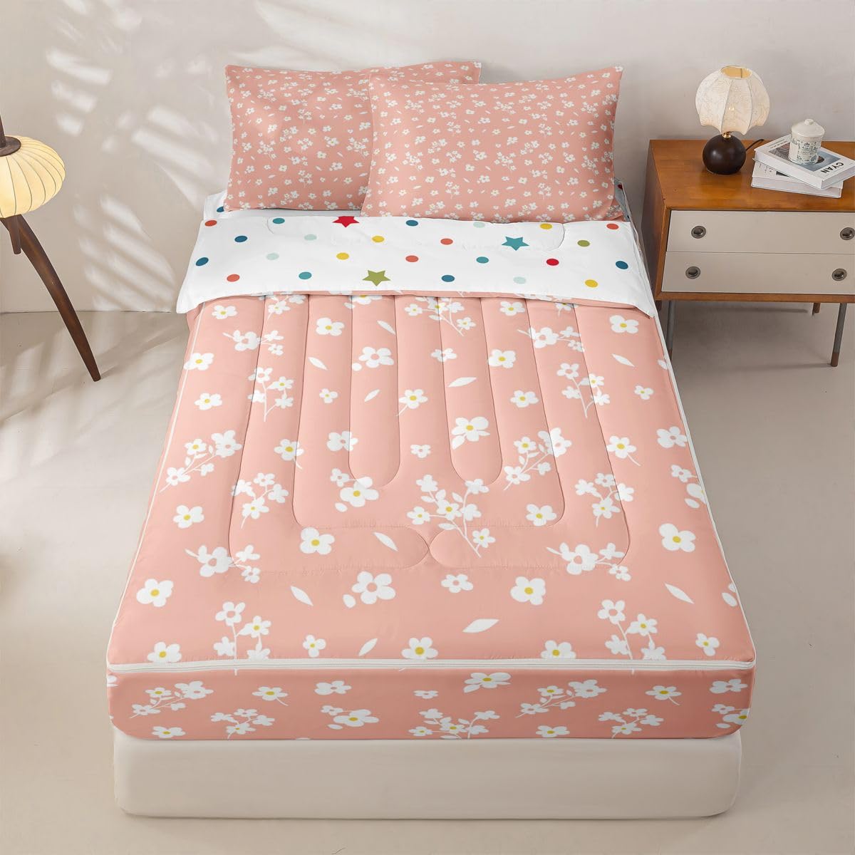 Feelyou White Yellow Orange Flower Zipper Bedding Twin Botanical Zipper Bedding Sets for Kids Boys Girls Bohemian Wildflower Comforter Set with Fitted Sheet and 2 Pillowcases Bedroom Decor