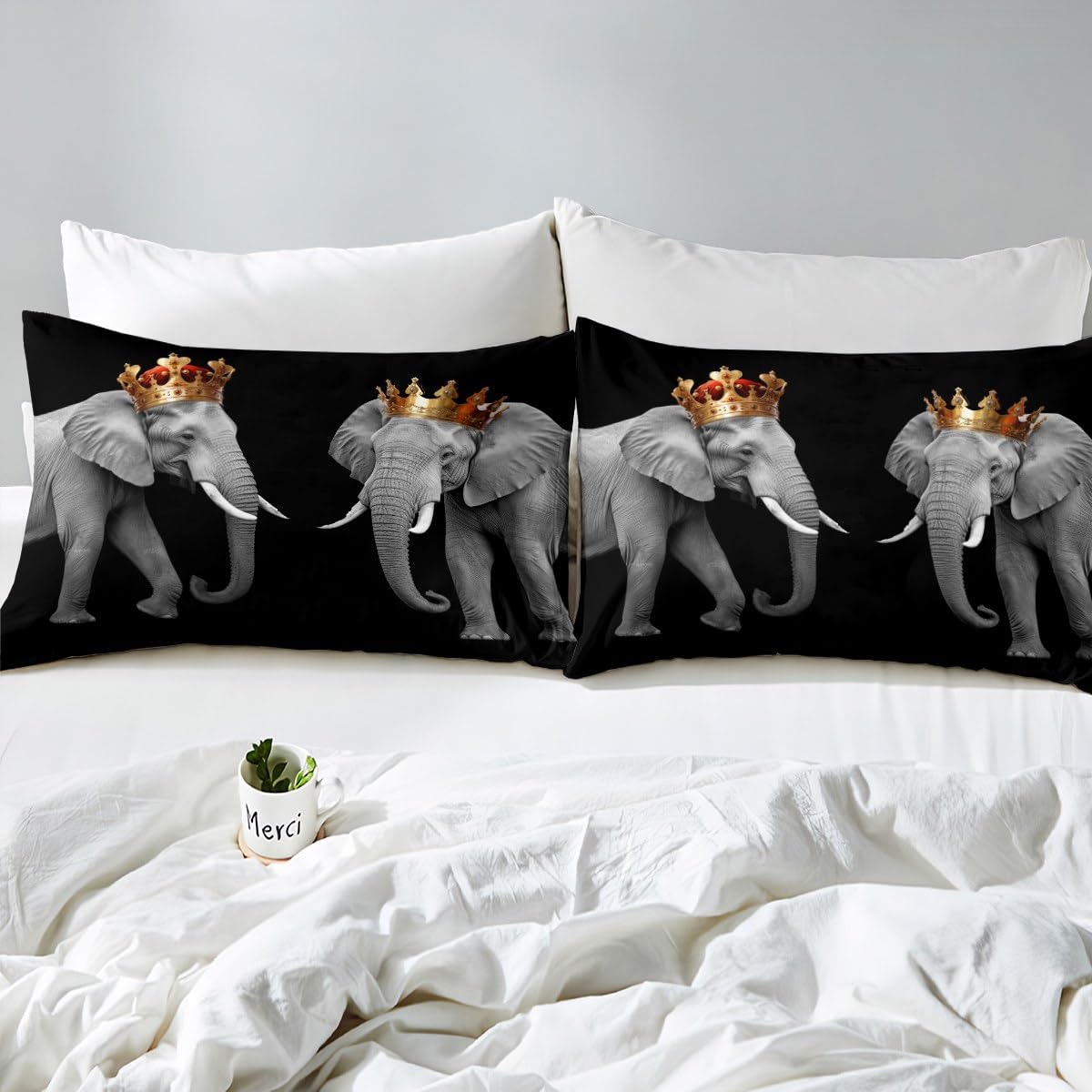 Elephant Couple Duvet Cover Set Full Size,3D African Tropical Wild Animal Comforter Cover with 2 Pillowcases,Golden King and Queen Crown Breathable Bedspread for Boys Teens