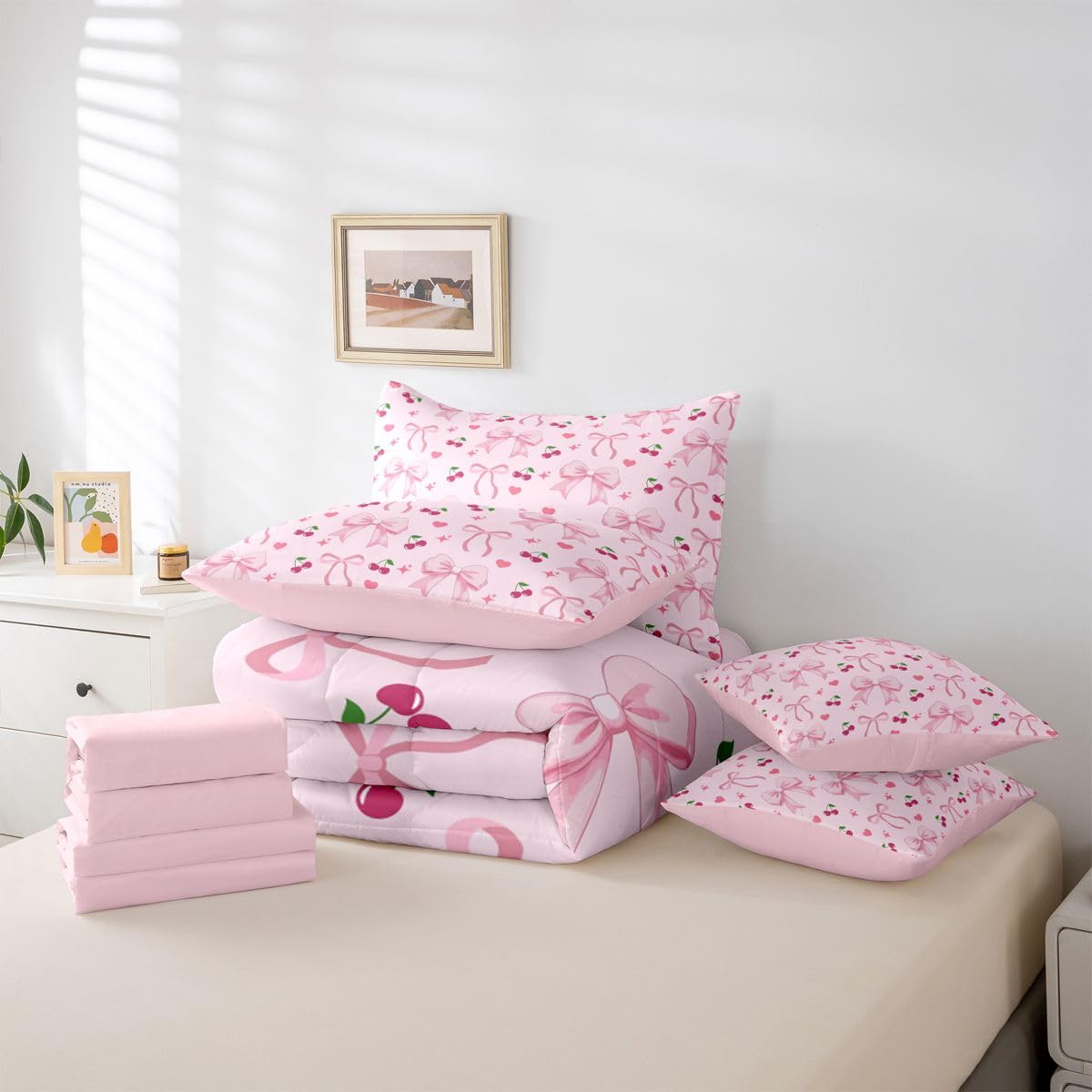 Erosebridal Girly Pink Cherry Bowknot Full Comforter Set 7 Pieces | Ribbon Bow Bed in A Bag for Bedroom Love Hearts Coquette Bedding Set with Comforters Love Hearts Coquette Room Decor