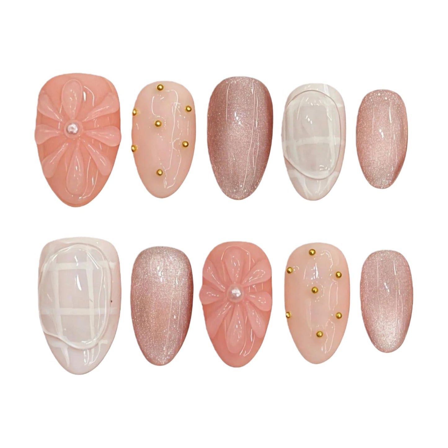 Tesytto Nude Pink Press on Nails Short Almond Cat Eye Fake Nails with 3D Sleek Water Drop Design Glossy Finish Glitter Full Cover Acrylic Nails (Ice Flowers,M)