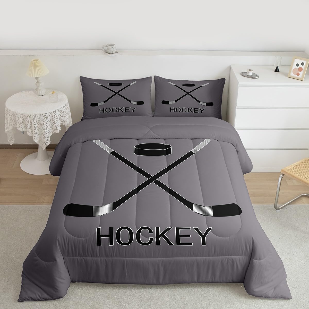 Teens Ice Hockey Comforter Set, Winter Sports Games Down Comforter For Kids Boys Adult Young Men, Equipments Stick And Puck Duvet Sets Hockey Bedding Set With 2 Pillow Cases, Grey Black(Full Size)