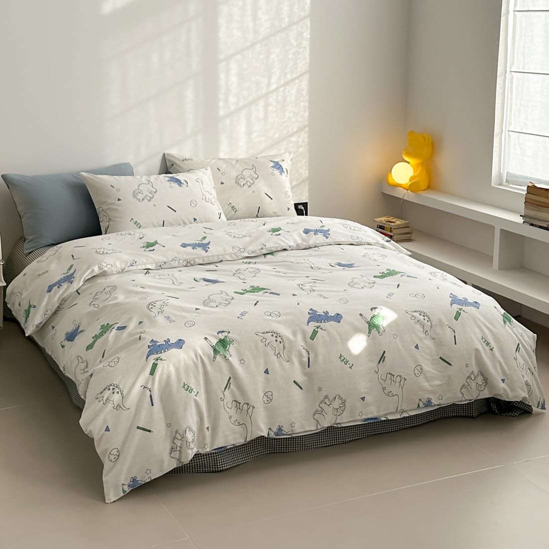 LIWHENHAO Dinosaur Duvet Cover Set Twin 100% Cotton Bedding Cartoon Dino Print on Gray White 1 Kawaii Cute Animal Comforter Cover Zipper Closure 2 Pillowcases for Kids Girls Boys
