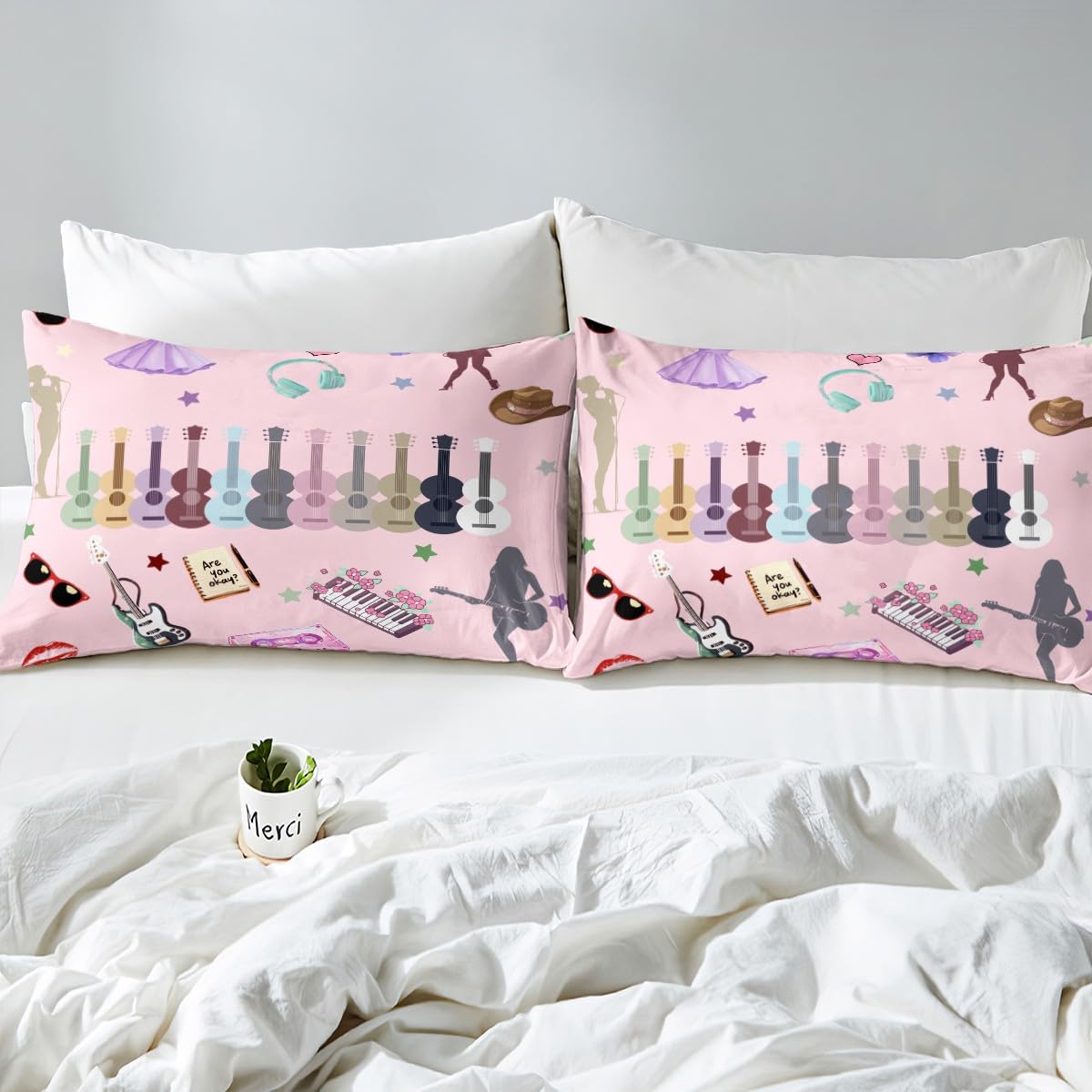 Erosebridal Music Fans Guitar Bed Sheets Set King Music Themed Sheet Set Singer Fans Pink Sheets for Kids Girls Women Fashion Birthday Valentines Day Gift Flat Fitted Sheet 4 Pcs Bedroom Decor
