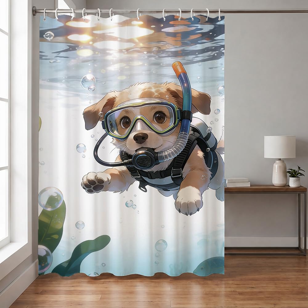 Shower Curtain Cute Swimming Dog Shower Curtains Easy Hook Waterproof Bathroom Window Curtains Quick Dry Machine Washable Curtain Easy Clean One Piece Bathroom Decor 71×71 Inch