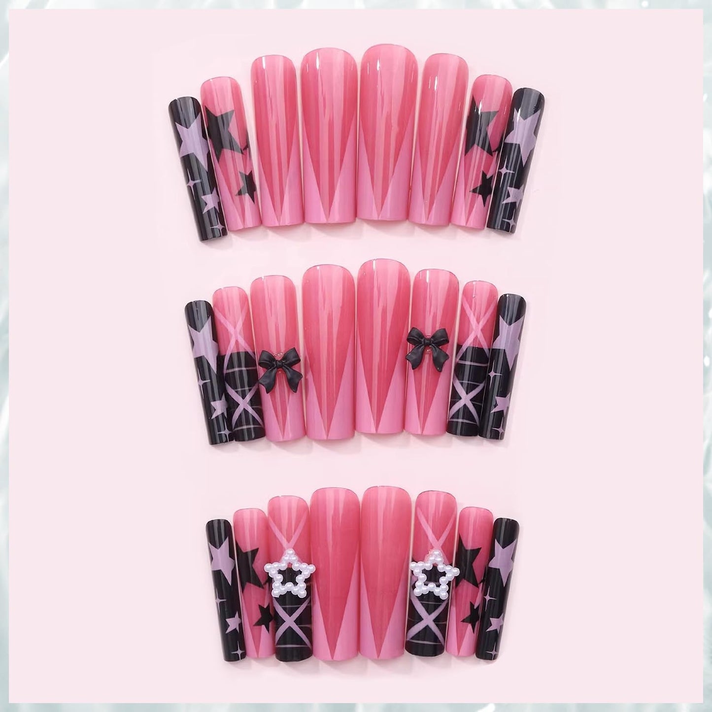MISUD Press on Nails - Extra Long Square Fake Nails with French Tip, Acrylic Y2K Pink Black Star Bow Design 24 pcs