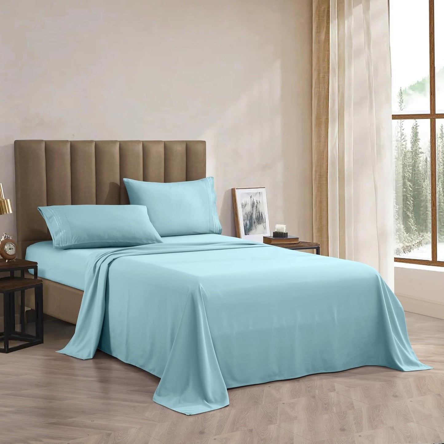 CELINE LINEN Premium 1800 Hotel Quality Wrinkle-Resistant 4-Piece Microfiber Sheet Set - Luxury Ultra Soft and Breathable Bedding 16 Inch Deep Pocket 4PC Sheet Set, King, Aqua