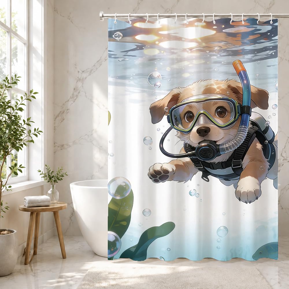 Shower Curtain Cute Swimming Dog Shower Curtains Easy Hook Waterproof Bathroom Window Curtains Quick Dry Machine Washable Curtain Easy Clean One Piece Bathroom Decor 71×71 Inch