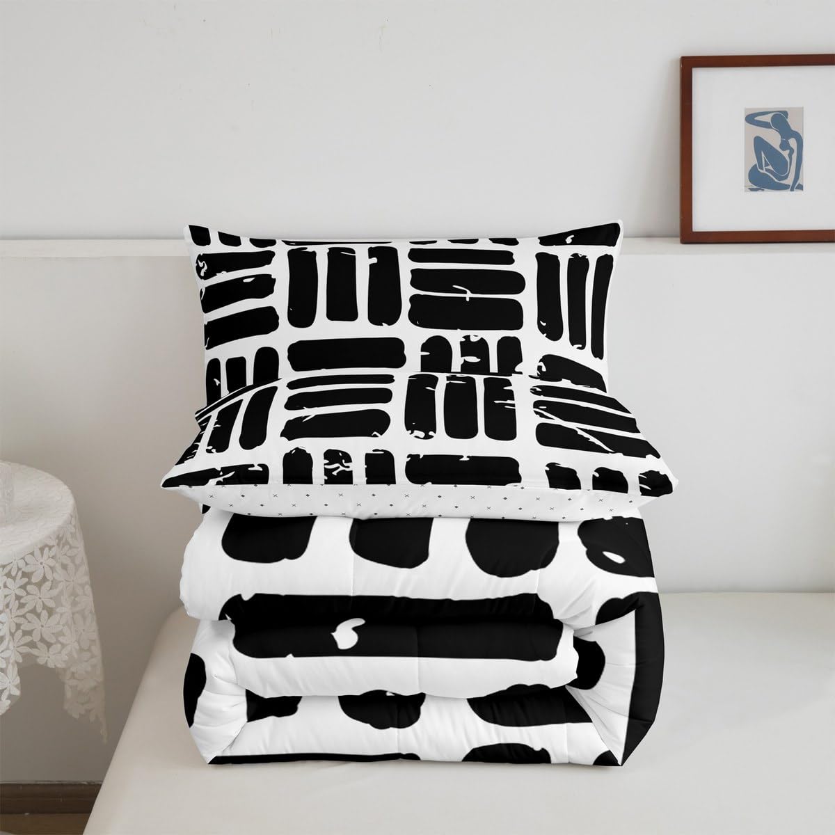 Feelyou Abstract Comforter Set Modern Abstract Art Bedding Set with 2 Pillow Cases White Black Microfiber Kids Full Bedclothes Luxury Bedroom Decor Geometric Duvet Quilt Breathable Soft Lightweight