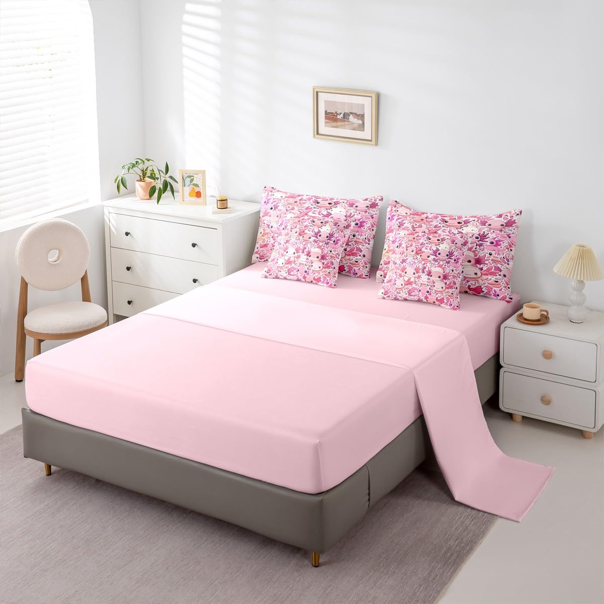 Erosebridal Girls Pink Axolotl Queen Comforter Set Kids Cute Axolotl Bed in a Bag with Flat and Fitted Sheet Kawaii Coastal Ocean Animal 7-Piece Bedding Set Cartoon Salamander Quilt Duvet Sets