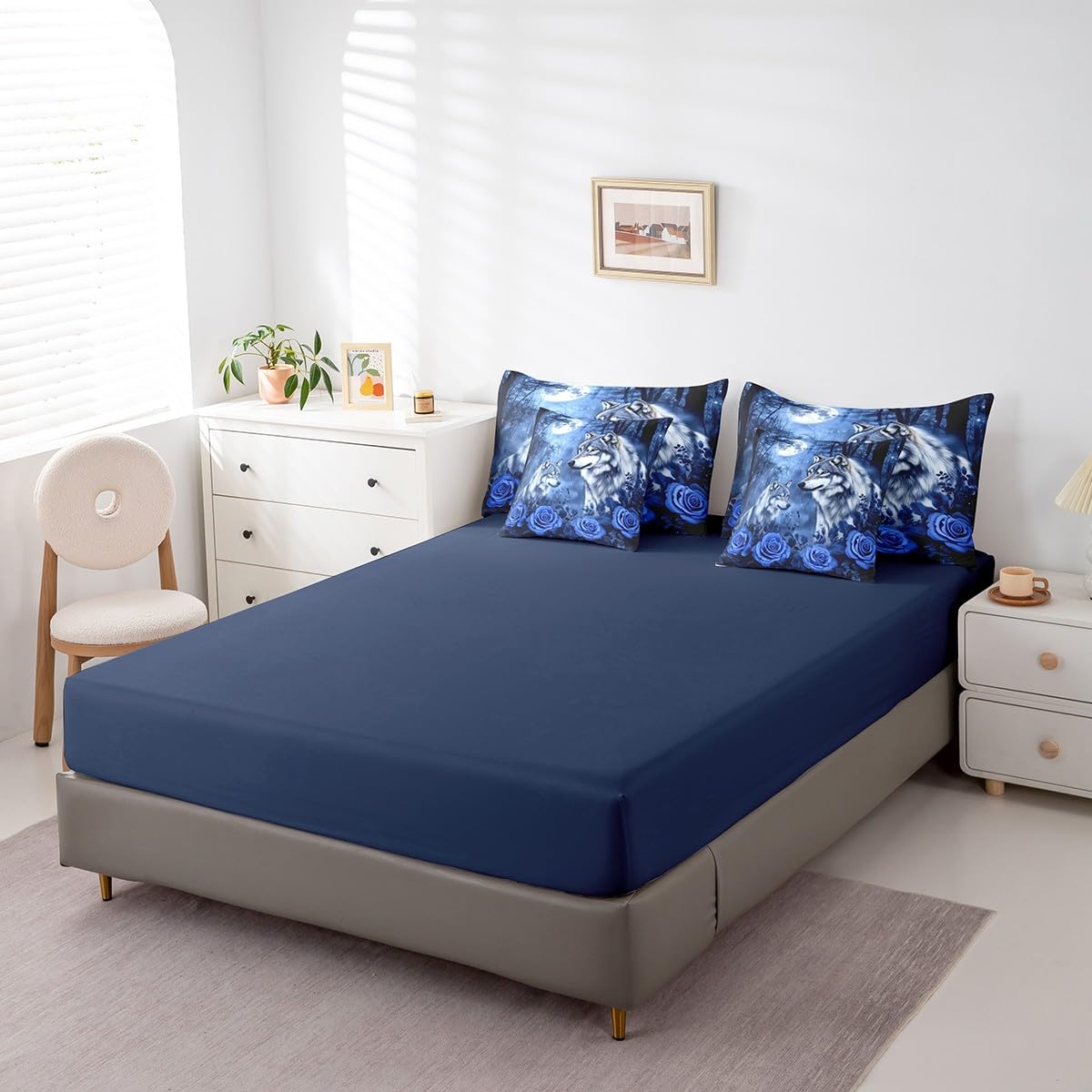 Erosebridal Wolf Couple Bedding Set Moon Blue Rose Flower Bed in A Bag with Sheets for Kids Adults Men Women,Woodland Animal Twin Comforter Set 7 Piece Tree Branches Wildlife Bed Set Bedroom Decor