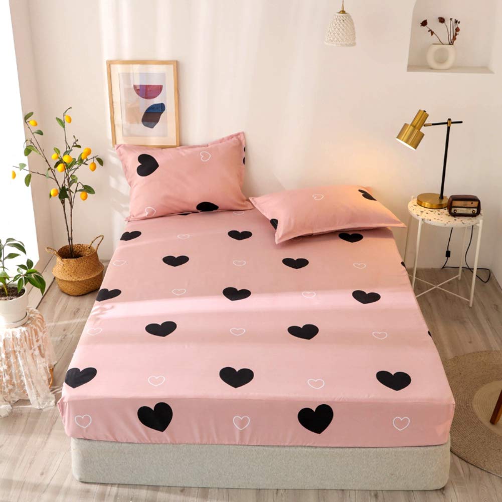 Girls Cute Heart Pattern Fitted Sheet for Kids Twin Size Lovely Pink Black Bedroom Decor Bed Sheet Set Girly Cartoon Love Geometric Bedding Set Children Modern Design Bed Cover with 1 Pillow Case