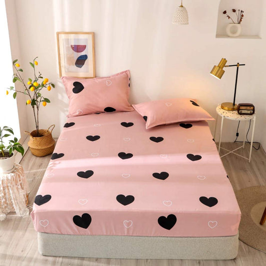 Girls Cute Heart Pattern Fitted Sheet for Kids Twin Size Lovely Pink Black Bedroom Decor Bed Sheet Set Girly Cartoon Love Geometric Bedding Set Children Modern Design Bed Cover with 1 Pillow Case