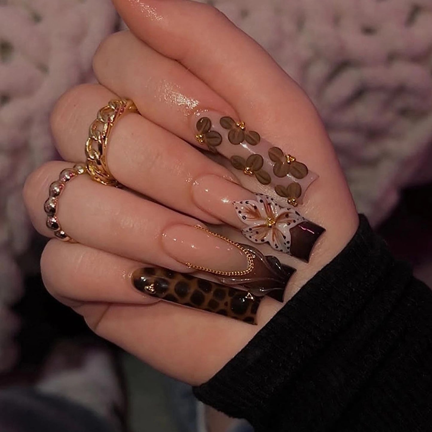 MISUD Press on Nails - Long Square Fake Nails with Fall Brown, Acrylic Flower Tortoise Shell Design 24 pcs