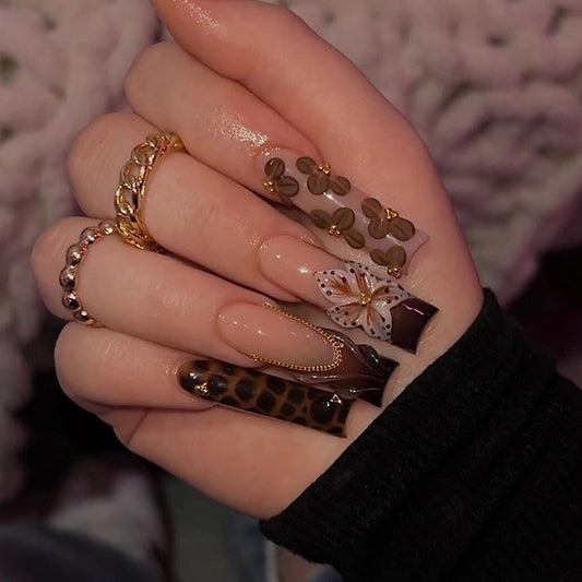 MISUD Press on Nails - Long Square Fake Nails with Fall Brown, Acrylic Flower Tortoise Shell Design 24 pcs